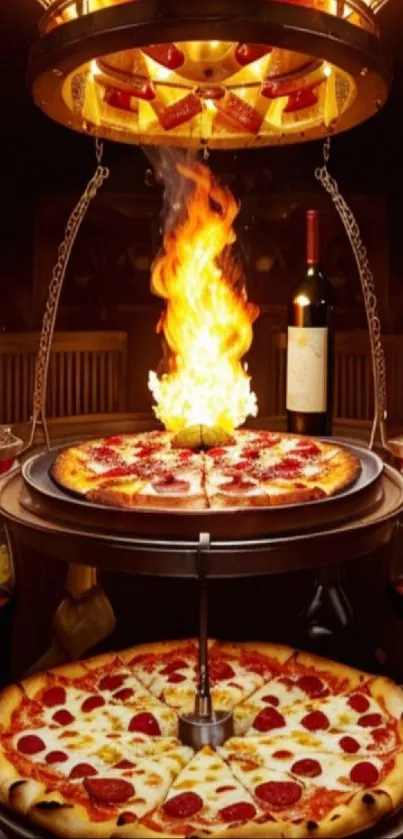 Fiery pizza under flames with wine bottles.