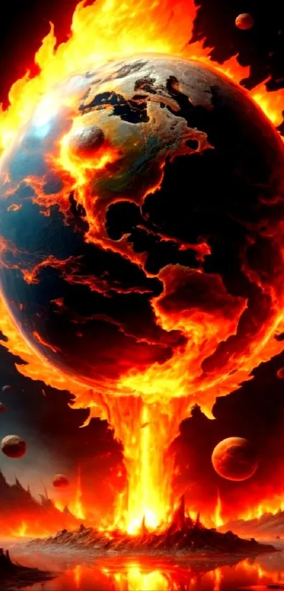 Fiery depiction of planet Earth engulfed in flames against a cosmic backdrop.