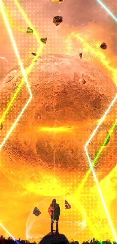 Fiery orange planet explosion with rocks in cosmic space for mobile wallpaper.