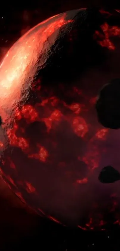 Fiery red planet with asteroids in space scene.