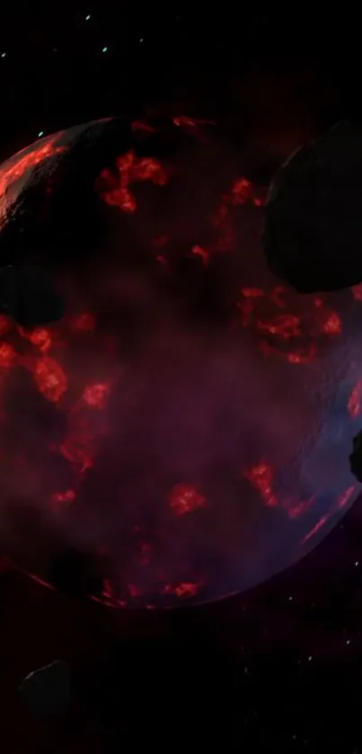 Fiery red planet surrounded by asteroids in space wallpaper.
