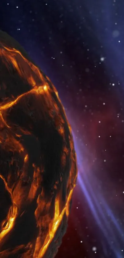 A fiery planet glowing in space with a cosmic background.