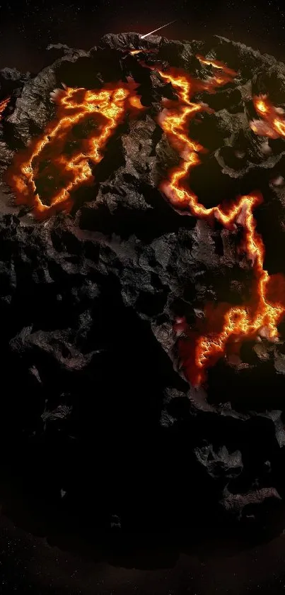 Fiery planet with glowing magma textures on a dark background.