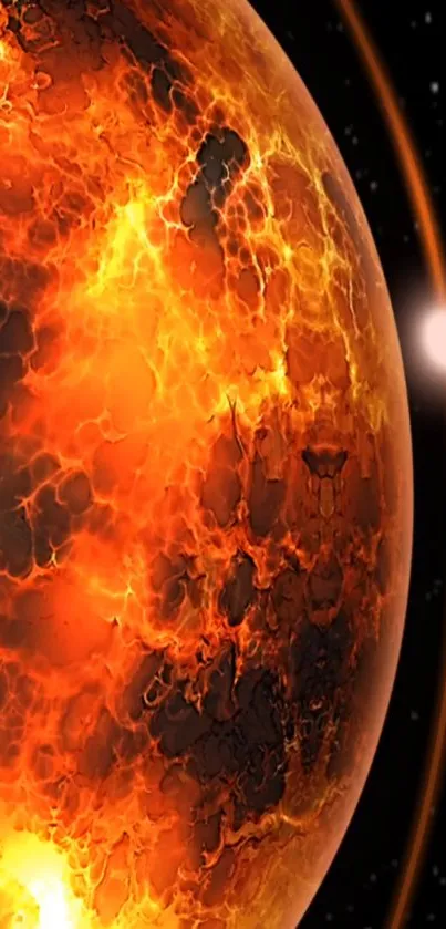 Fiery planet with glowing lava textures in space wallpaper.