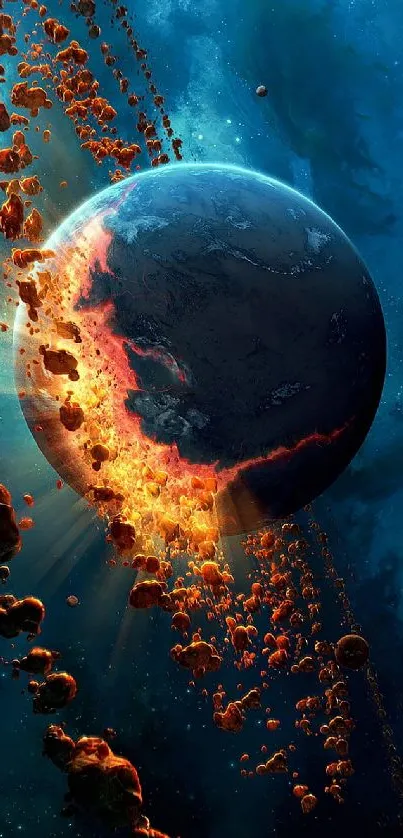 Fiery planet with explosion in space, blue cosmic background.