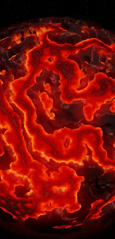 Fiery red planet with abstract glowing patterns on a dark background.