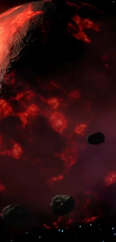 A dynamic, fiery red planet with asteroids floating nearby in space.