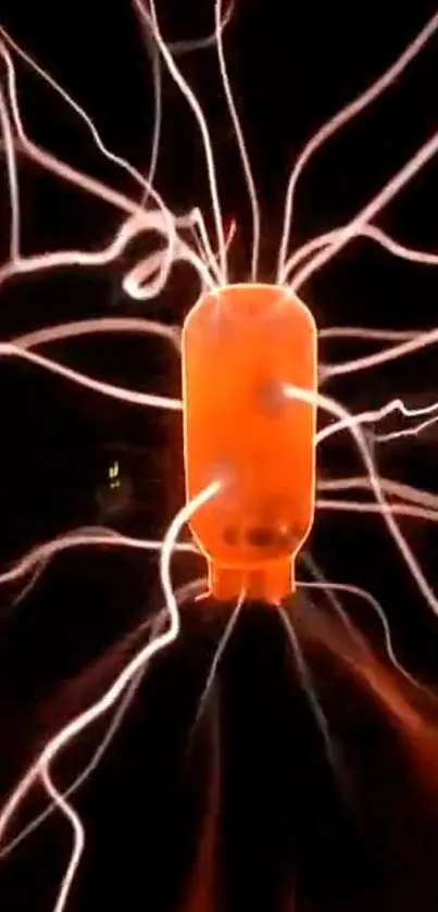 Orange plasma tube emitting energy with glowing lines on dark backdrop.