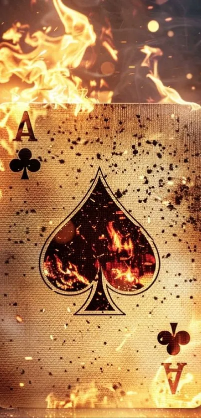 Ace of spades card engulfed in flames amidst a dark background.