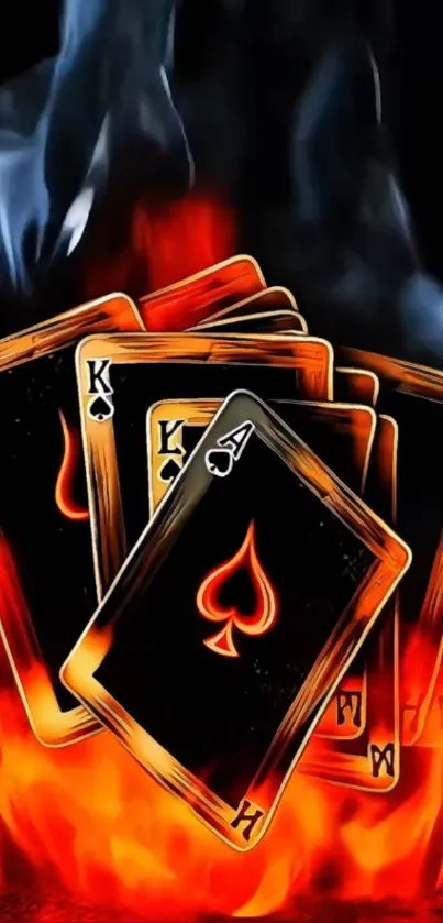 Playing cards engulfed in flames with smoky background.