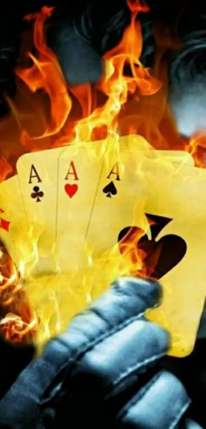 Fiery playing cards held by a mysterious figure.