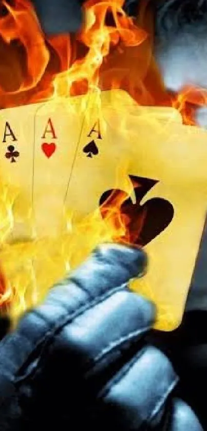 Fiery playing cards held in glove with flames.