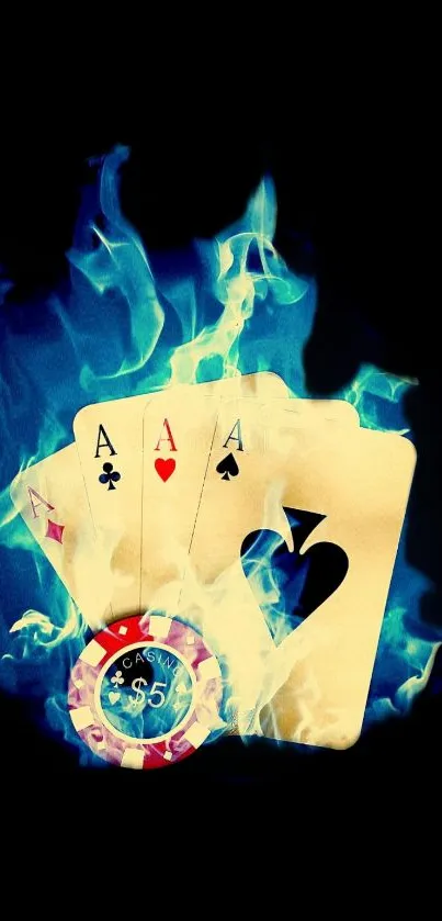 Mobile wallpaper with fiery poker aces and flaming poker chip.