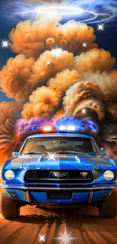 A vintage police car surrounded by fiery smoke under a cosmic sky.