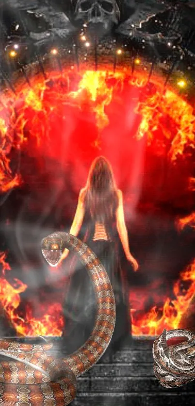 A fiery portal with a figure and snakes in a fantasy setting.