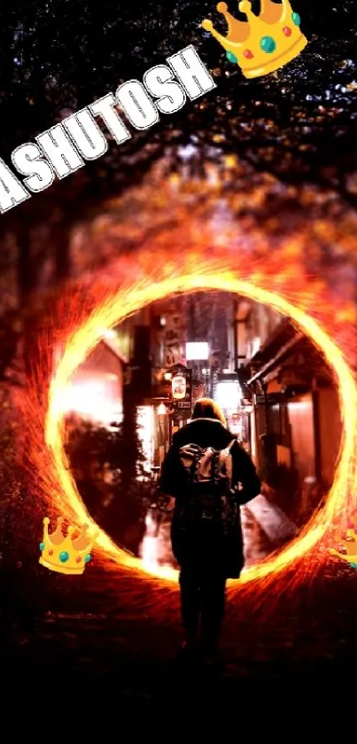 Mysterious fiery portal with night path background.