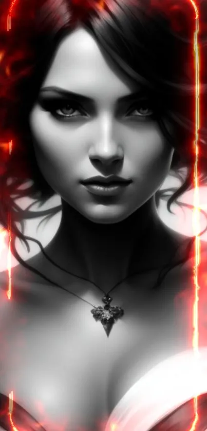 Black and white portrait with red flame border on mobile wallpaper.