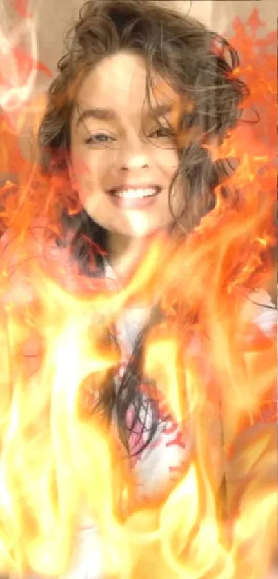 Portrait of person with fiery imagery, orange flames.