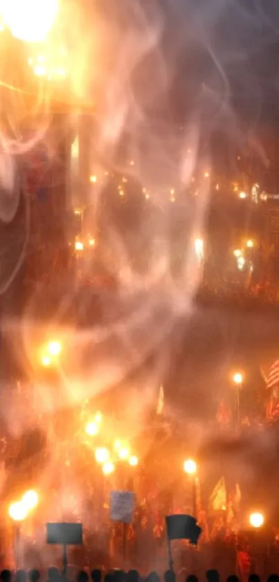 Fiery protest scene with smoke and lights illuminating a night crowd.