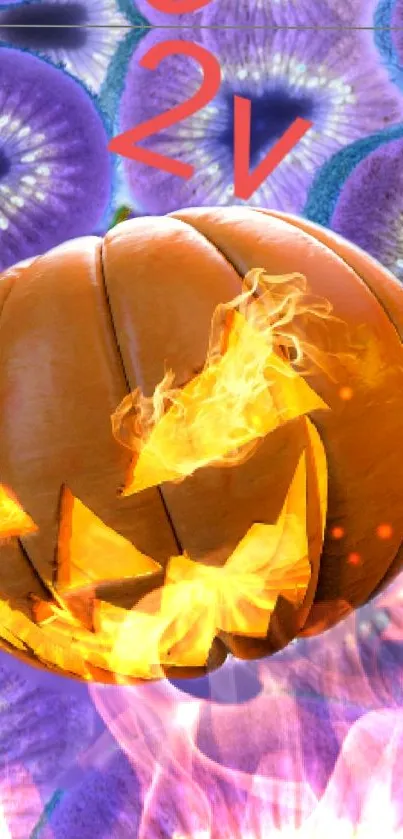 Fiery pumpkin with flames on an abstract colorful background for Halloween.