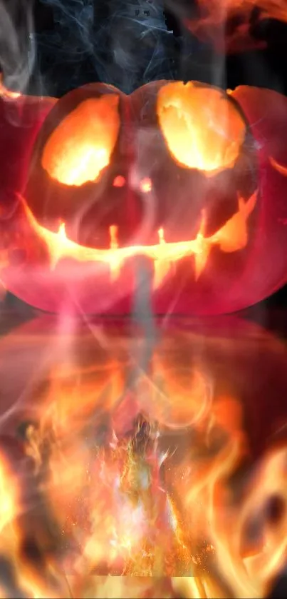 Fiery pumpkin with carved face in flames, perfect for Halloween.