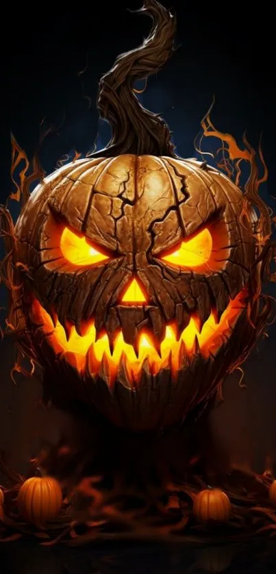 Fiery Halloween pumpkin with glowing face and dark background.