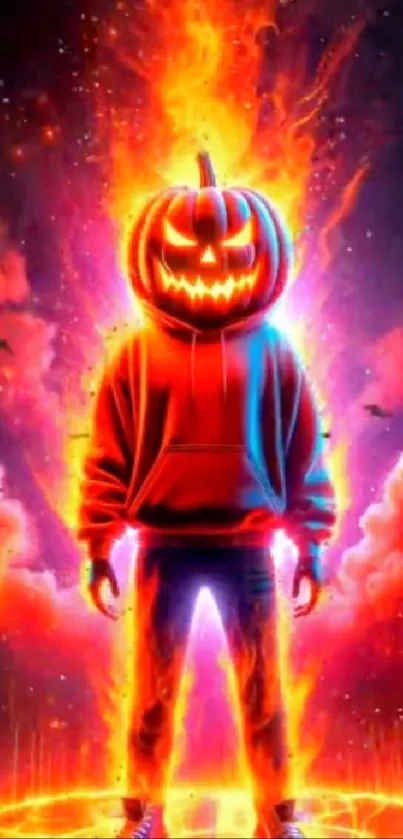 Fiery pumpkin head with flames in a vibrant mobile wallpaper.