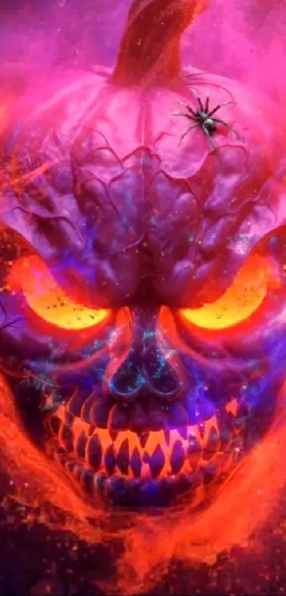 Fiery pumpkin skull with glowing eyes in vibrant magenta hues.