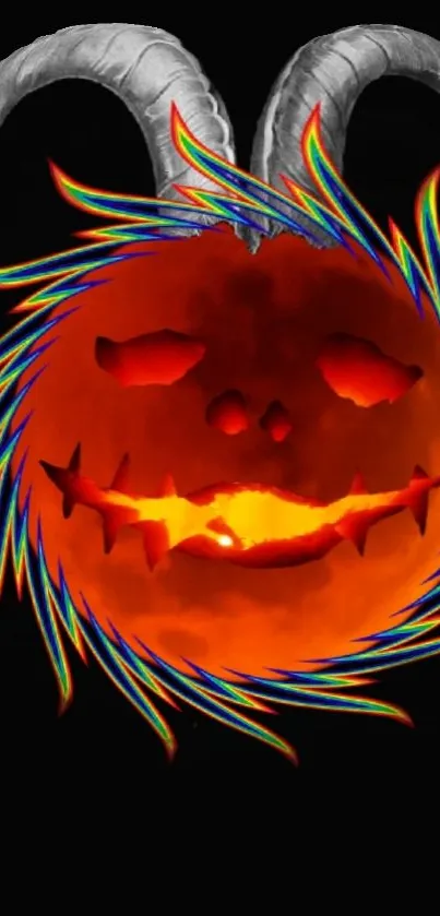 Fiery pumpkin skull with colorful sparks and horns on a dark background.