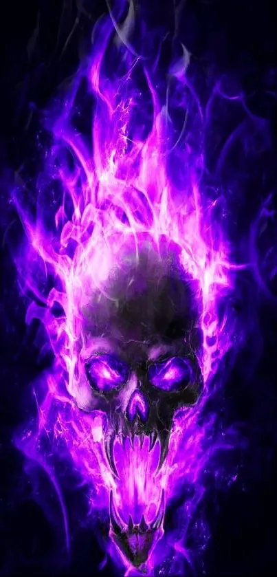 Purple flaming skull on dark background wallpaper.