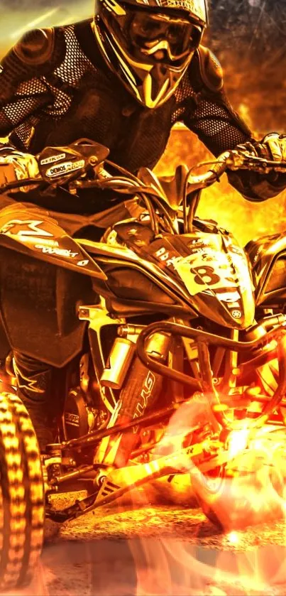 Quad biker in fiery racing action on rugged terrain.