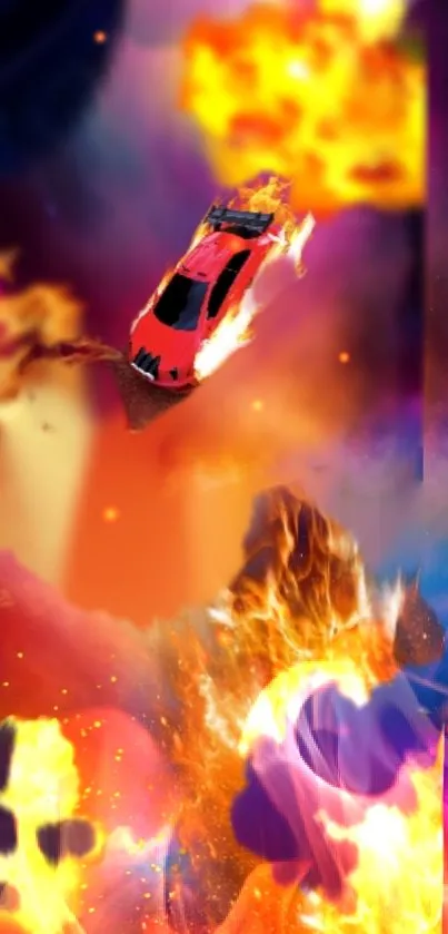 Fiery red race car amidst explosion.