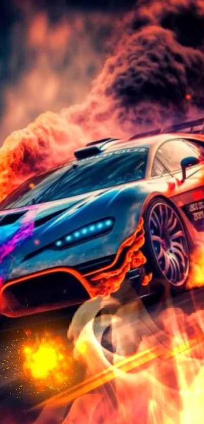 Fiery racing car with vibrant flames and dynamic design.