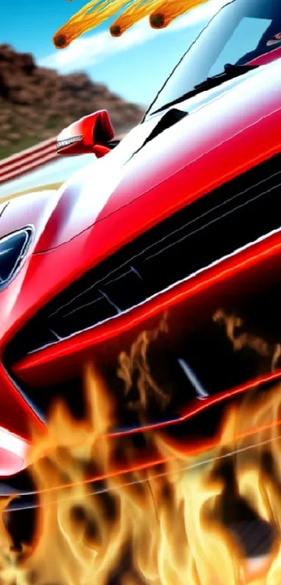 A fiery red racing car with flames on a track.