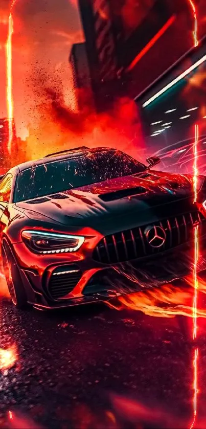 Blazing car races through fiery city streets in this dynamic wallpaper.