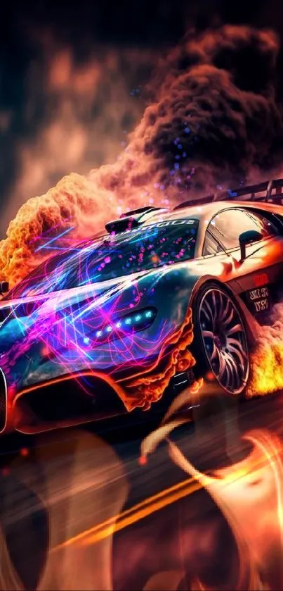 Racing car surrounded by vibrant flames.