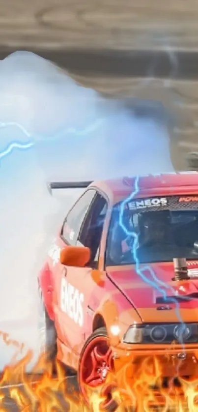 Red car drifting with flames and electric sparks in a high-speed action scene.