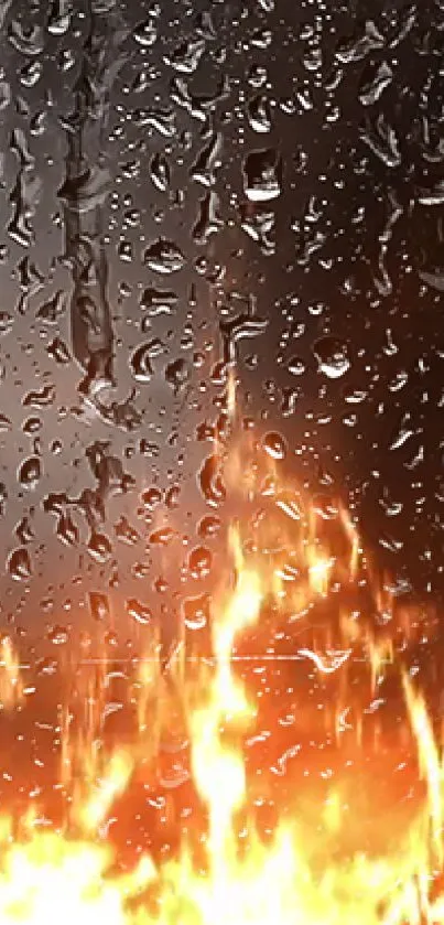 Mobile wallpaper featuring fiery flames behind raindrop-covered glass.