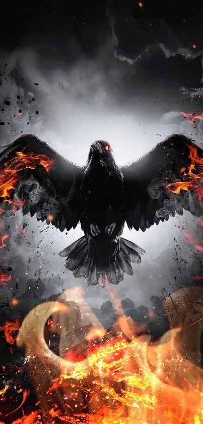 Raven soaring amidst flames and smoke.