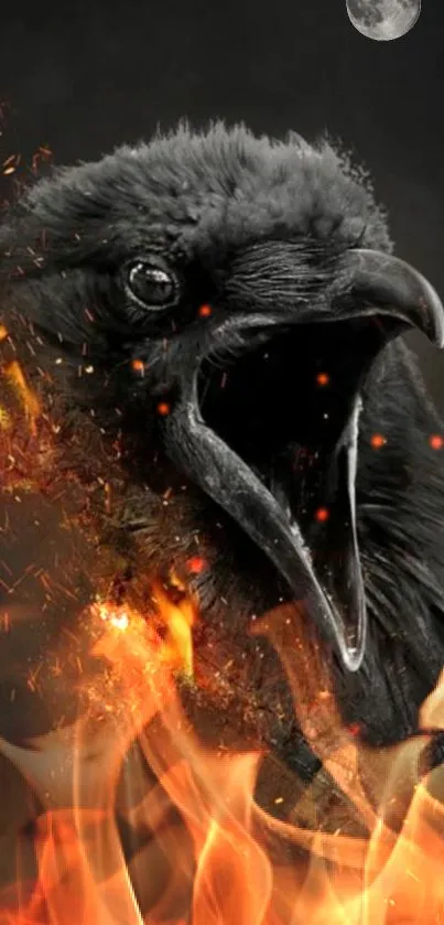 Dark wallpaper with a raven surrounded by flames and a full moon above.