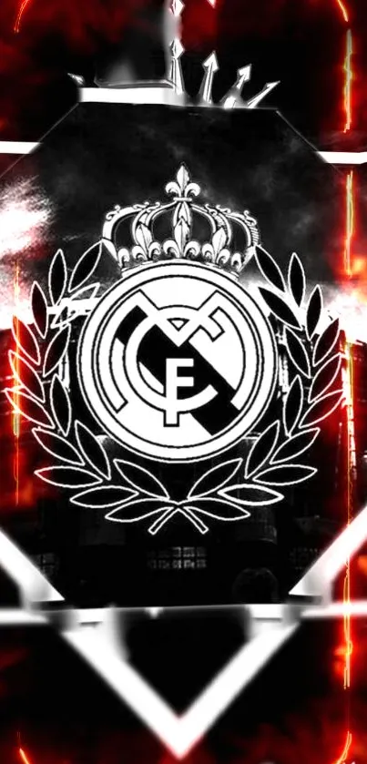 Fiery Real Madrid emblem mobile wallpaper.