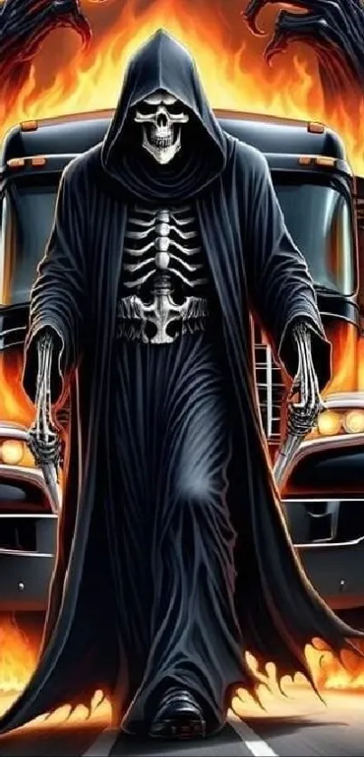 Image of a fiery hooded reaper with a flaming truck backdrop.