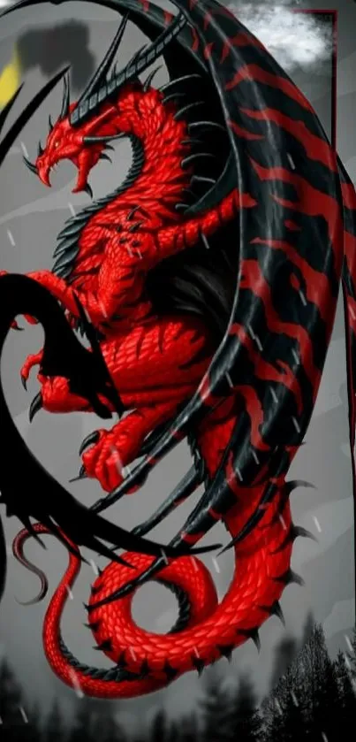 Fiery red dragon with black stripes on a dramatic mobile wallpaper.