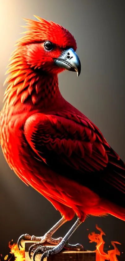 Fiery red bird with vibrant feathers on mobile wallpaper.