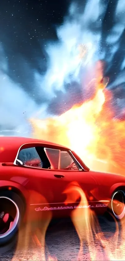 Red car in fiery explosion with bright and vivid colors, perfect for wallpaper.