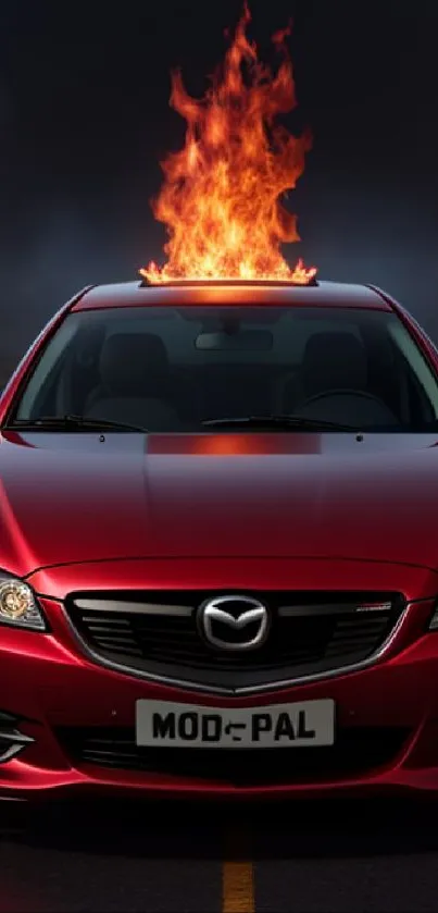 Red car with flames in dramatic scene. Bold and dynamic mobile wallpaper.