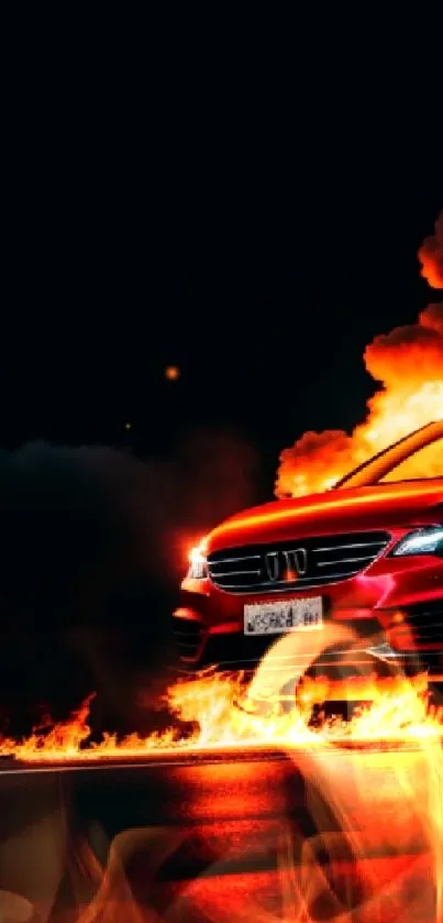 Fiery red car with flames on a dark road.