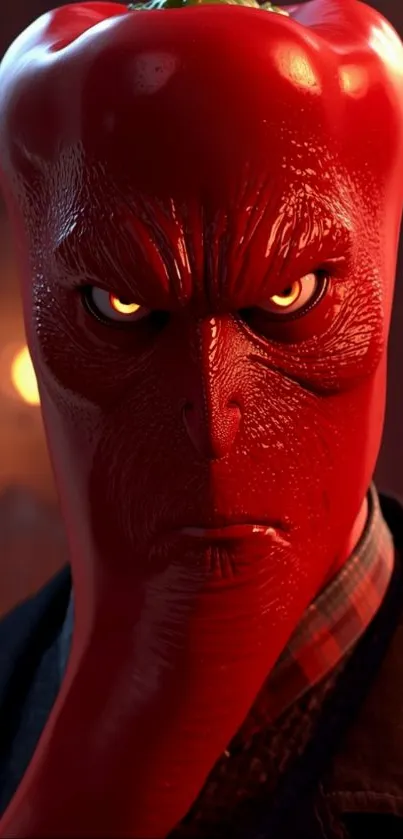 Fiery red animated character with intense eyes.