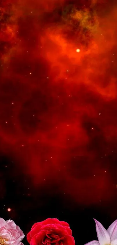 A fiery red nebula with vibrant flowers at the bottom of the wallpaper.