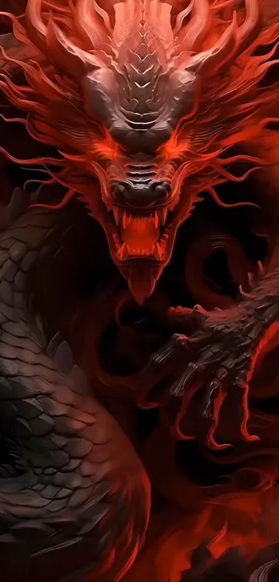 Fiery red dragon art on a dark background.